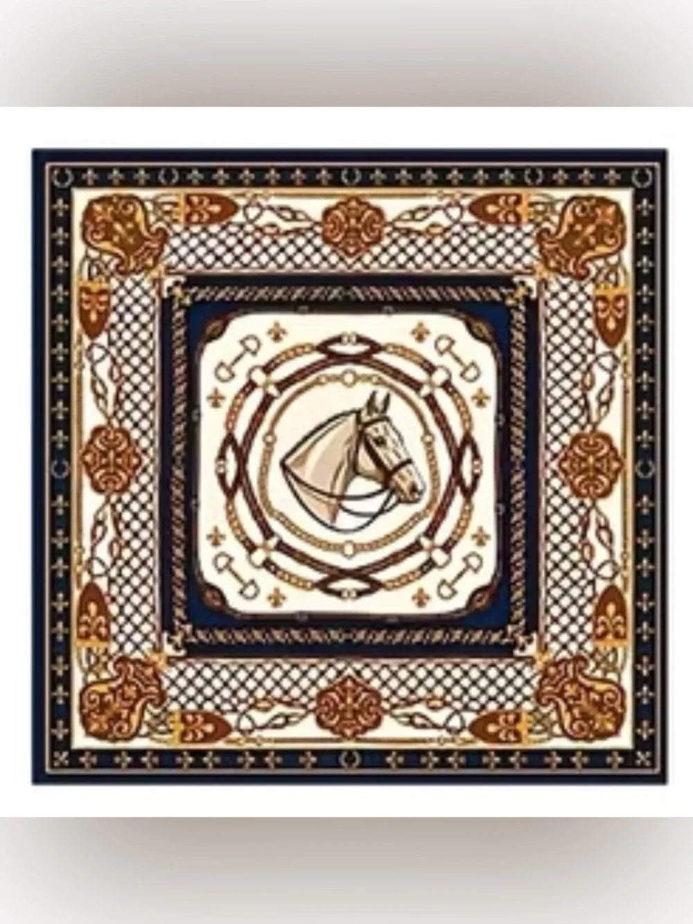 Decorative Horse-Print Scarf in Navy and Gold